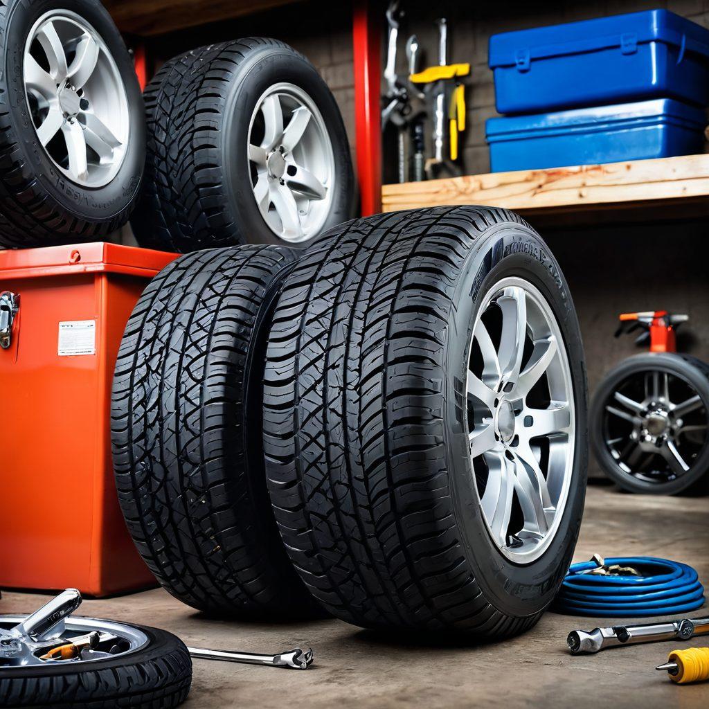 A detailed view of various tires showcasing different tread patterns, surrounded by tools like a tire pressure gauge and wrench. Include a vibrant setting with a mechanic's garage in the background, demonstrating a mix of modern and classic tire maintenance equipment. Soft natural lighting highlights the textures of the tires. super-realistic. vibrant colors. 3D.