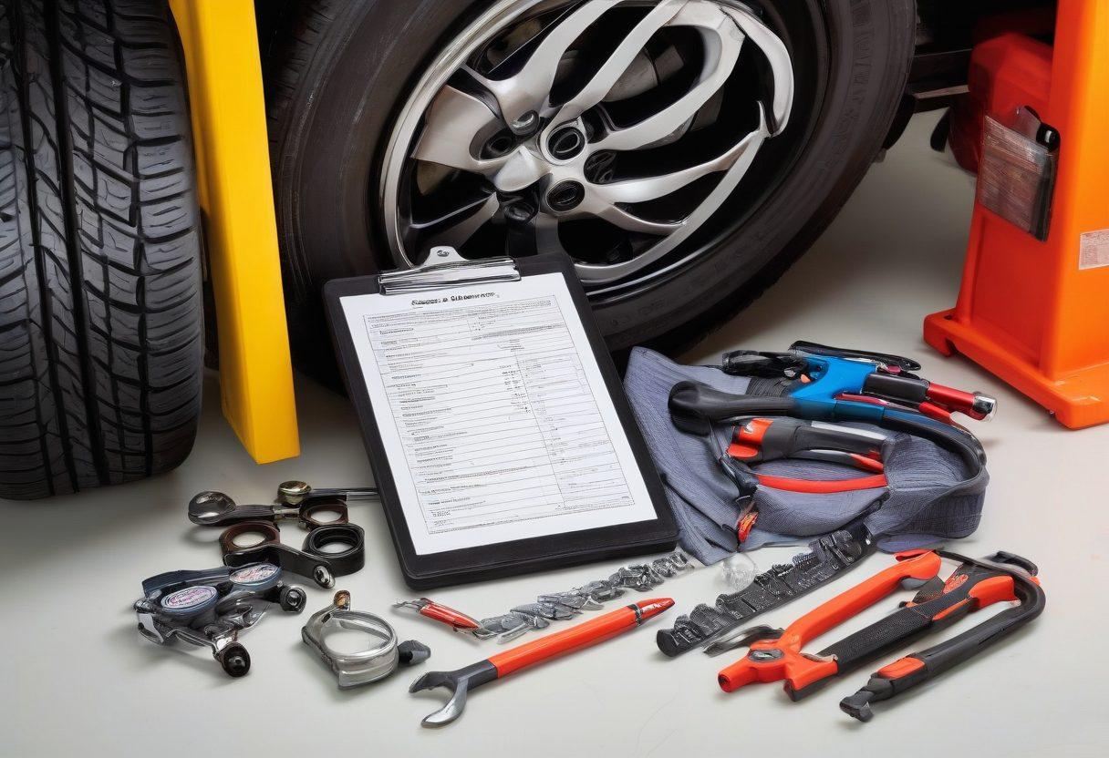 An organized checklist of tire maintenance items on a clipboard, surrounded by various tire tools and equipment such as a tire pressure gauge, a wrench, and a car jack. In the background, a well-maintained car can be seen on a lift, with shining, properly inflated tires. The composition emphasizes safety and meticulous care, with bright, inviting colors and a clean, easy-to-read layout. super-realistic. vibrant colors. white background.