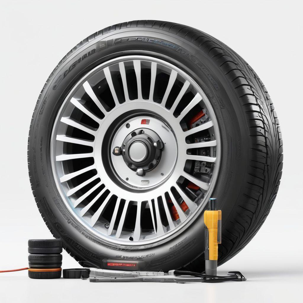 A close-up of a high-tech tire with digital interfaces displaying performance metrics, surrounded by futuristic tire maintenance tools like an air pressure gauge, a tread depth indicator, and a 3D printer creating custom tire designs. Bright and dynamic backgrounds showcasing winding roads and advanced automotive technology. super-realistic. vibrant colors. white background.